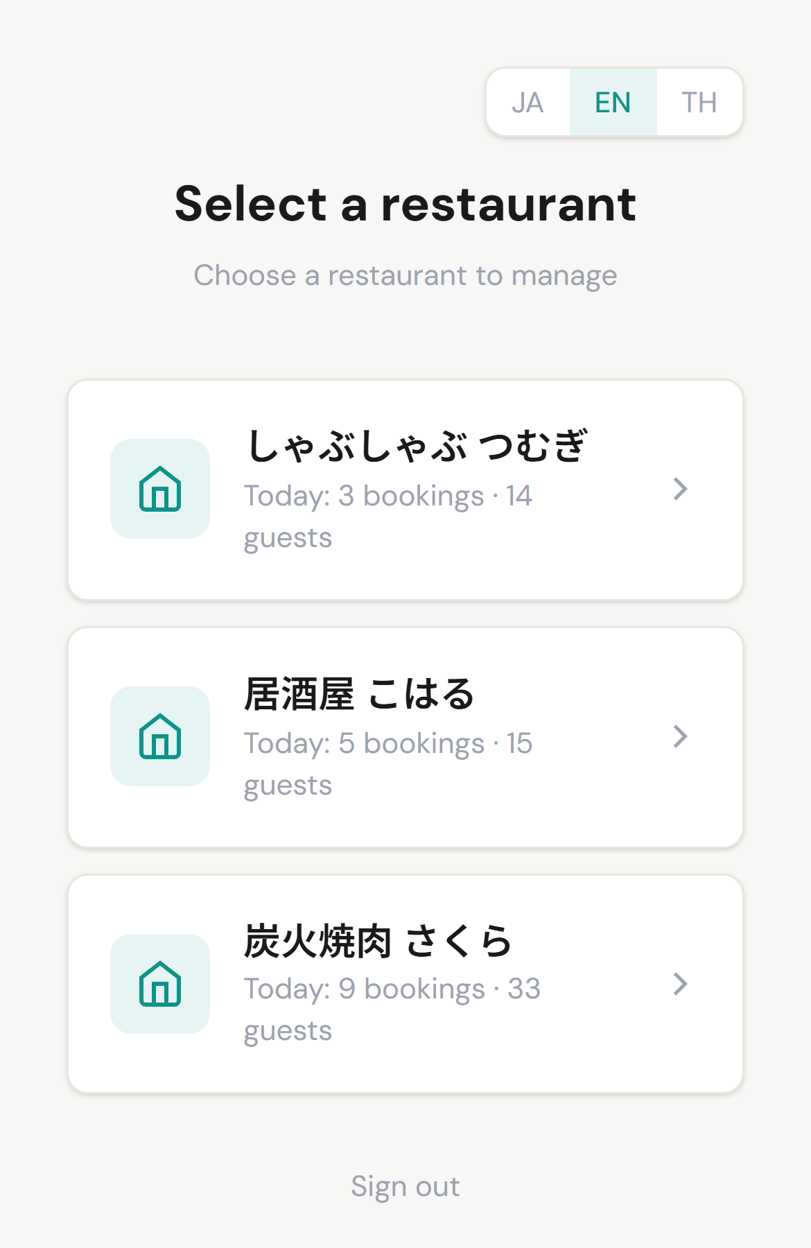 Restaurant list on a phone showing today's bookings and guest counts for each restaurant
